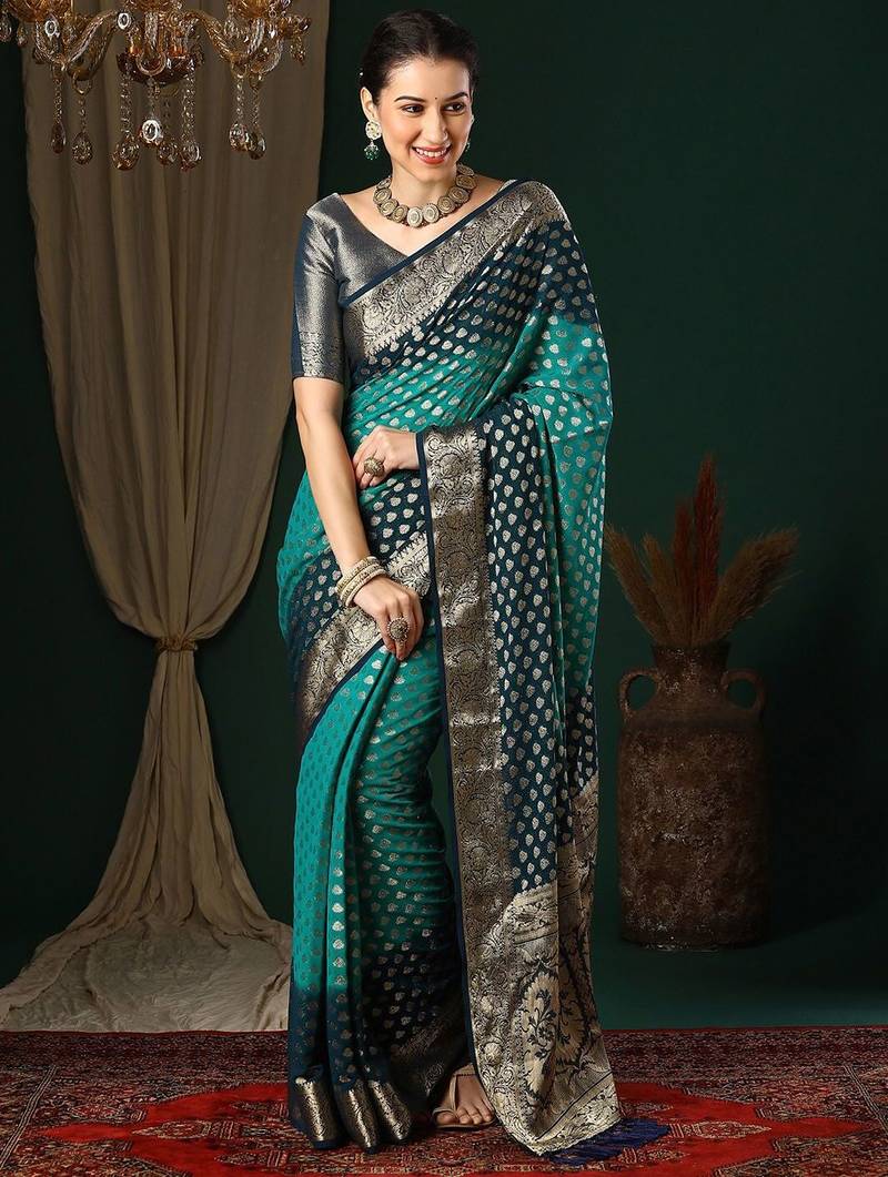 Blue blue ethnic motifs woven design zari  georgette kanjeevaram saree