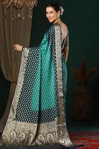 Blue blue ethnic motifs woven design zari  georgette kanjeevaram saree
