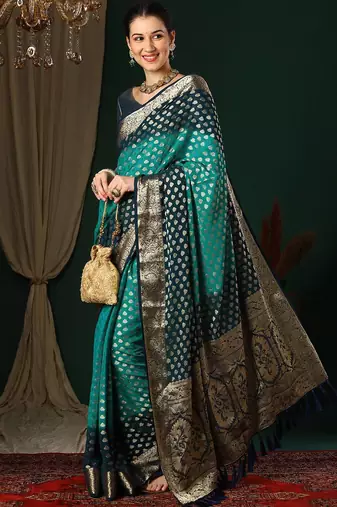 Blue blue ethnic motifs woven design zari  georgette kanjeevaram saree