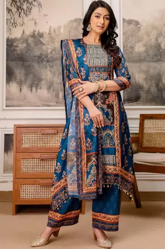 women ethnic motifs printed regular kurta with palazzos & with dupatta
