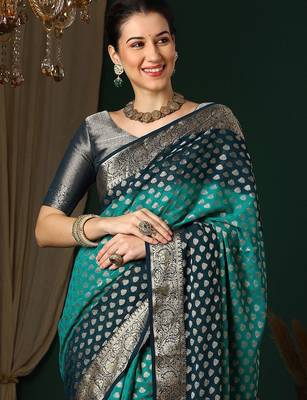 Blue blue ethnic motifs woven design zari  georgette kanjeevaram saree 4