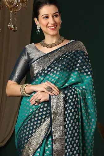 Blue blue ethnic motifs woven design zari  georgette kanjeevaram saree