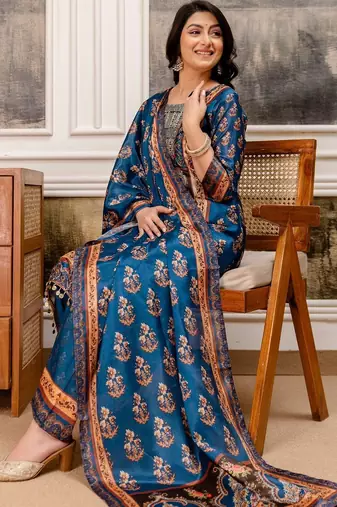 women ethnic motifs printed regular kurta with palazzos & with dupatta