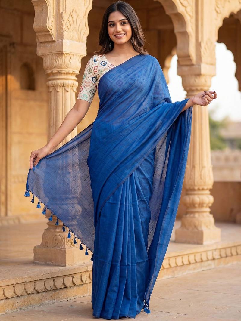 Blue woven design  cotton handloom khadi saree