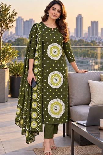women printed regular  cotton kurta with trousers & with dupatta