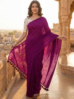 Purple embellished  cotton khadi saree 1