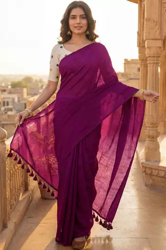 Purple embellished  cotton khadi saree