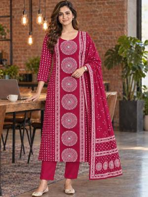 women ethnic motifs printed regular  cotton kurta with trousers & with dupatta 1
