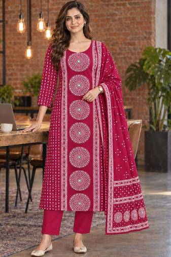 women ethnic motifs printed regular  cotton kurta with trousers & with dupatta