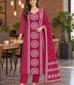 women ethnic motifs printed regular  cotton kurta with trousers & with dupatta