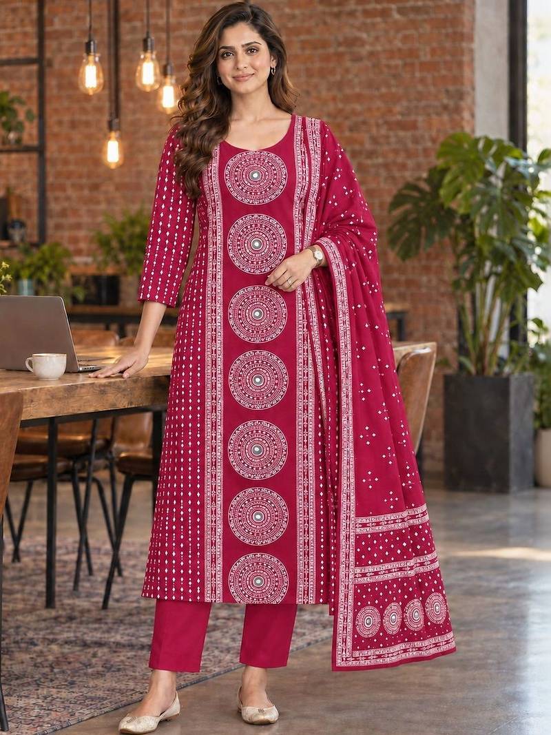 women ethnic motifs printed regular  cotton kurta with trousers & with dupatta