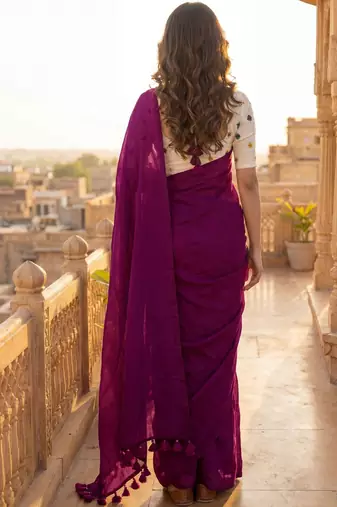 Purple embellished  cotton khadi saree