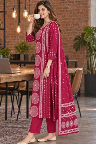 women ethnic motifs printed regular  cotton kurta with trousers & with dupatta