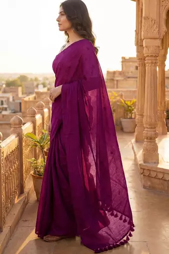 Purple embellished  cotton khadi saree
