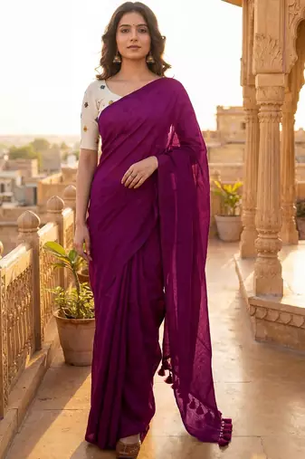 Purple embellished  cotton khadi saree