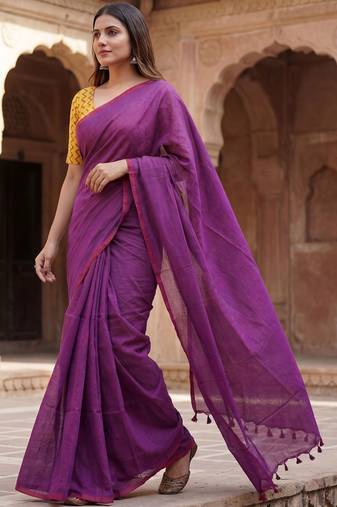 Purple  cotton khadi saree with blouse