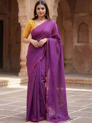 Purple  cotton khadi saree with blouse 2