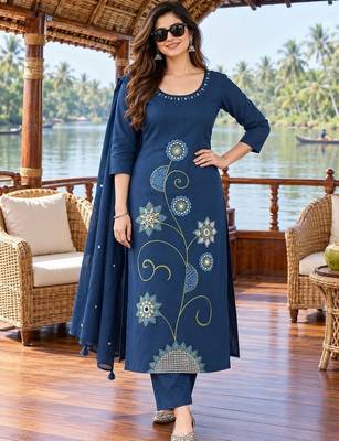 women ethnic motifs embroidered regular thread work  cotton kurta with trousers & with 1