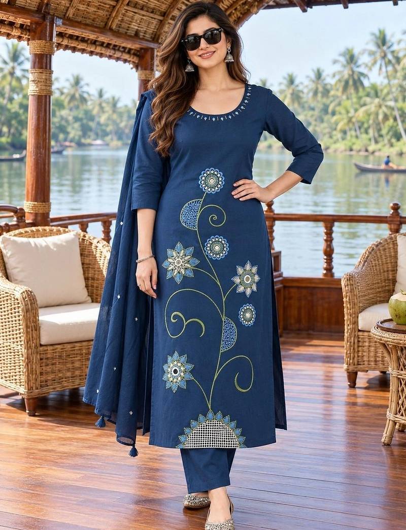 women ethnic motifs embroidered regular thread work  cotton kurta with trousers & with