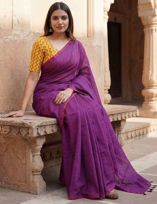 Purple  cotton khadi saree with blouse 5