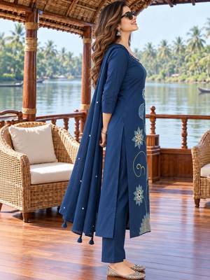 women ethnic motifs embroidered regular thread work  cotton kurta with trousers & with 4
