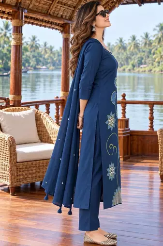 women ethnic motifs embroidered regular thread work  cotton kurta with trousers & with