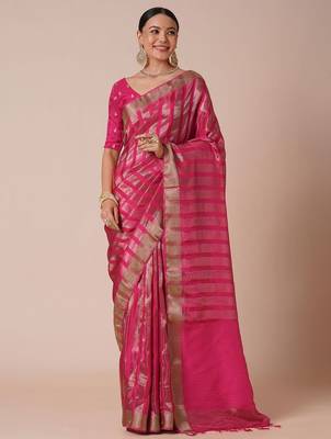 Pink striped zari silk blend banarasi saree 1