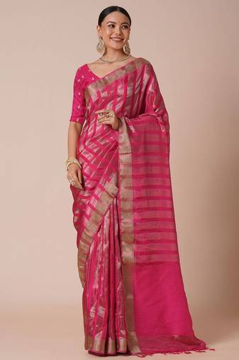 Pink striped zari silk blend banarasi saree