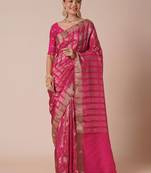 Pink striped zari silk blend banarasi saree