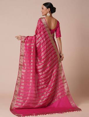 Pink striped zari silk blend banarasi saree 2