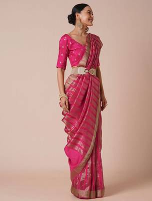Pink striped zari silk blend banarasi saree 3