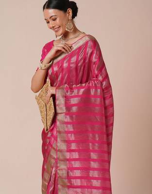 Pink striped zari silk blend banarasi saree 4