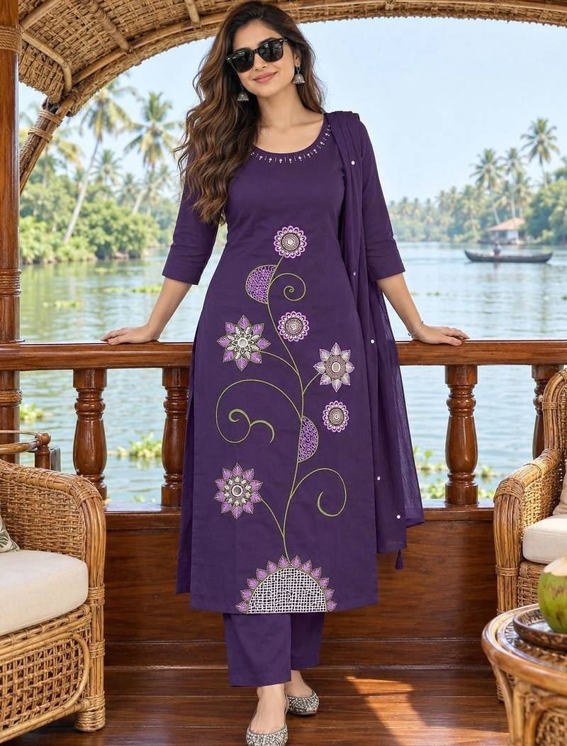 women floral embroidered regular  cotton kurta with trousers & with dupatta