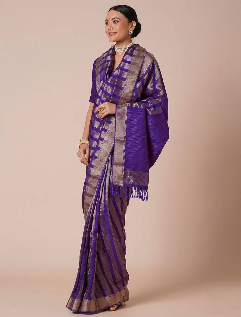 Purple woven design zari silk blend banarasi saree