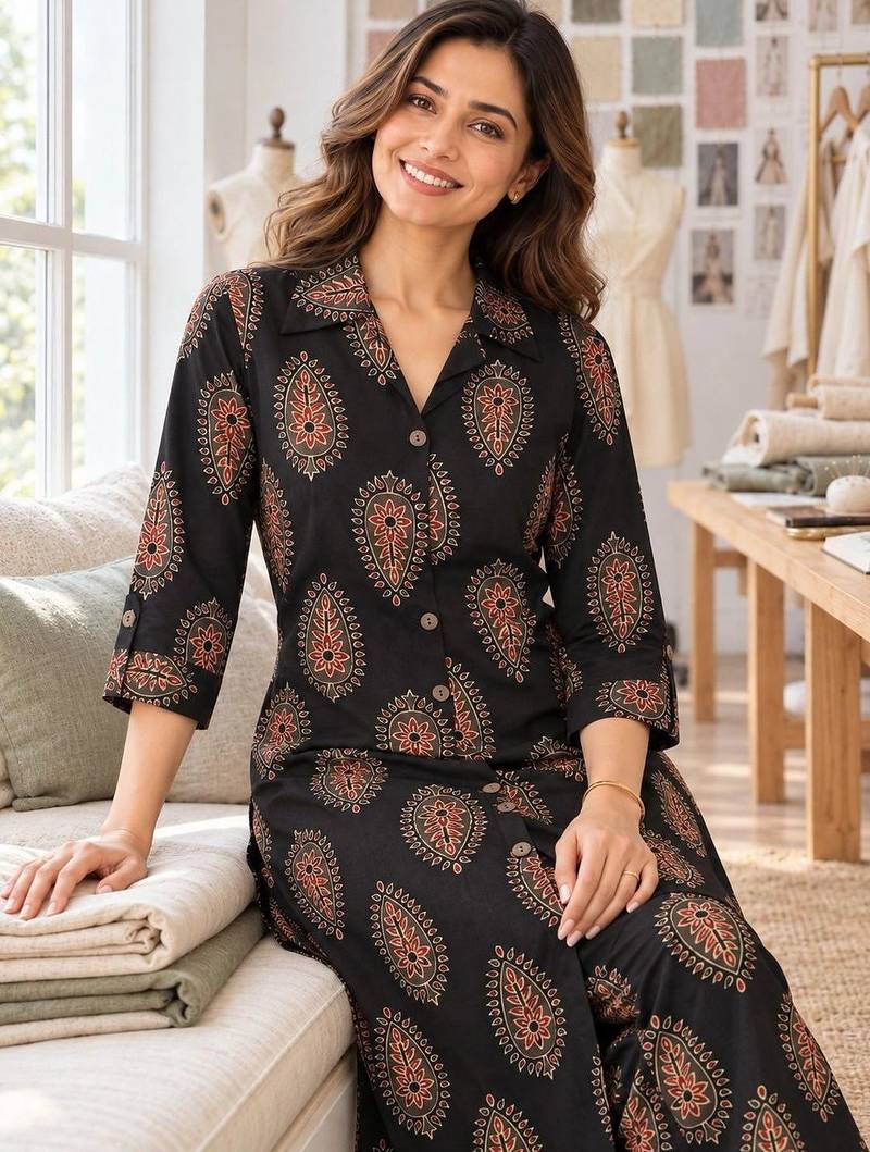 women ethnic motifs printed regular  cotton kurta with palazzos