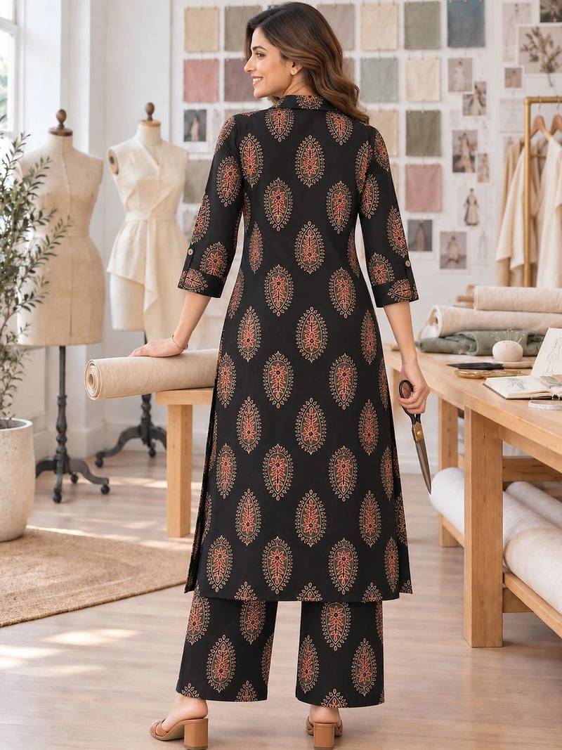 women ethnic motifs printed regular  cotton kurta with palazzos