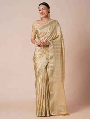 Cream striped zari silk blend banarasi saree 1
