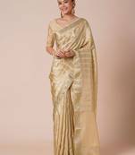 Cream striped zari silk blend banarasi saree