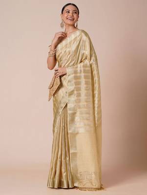 Cream striped zari silk blend banarasi saree 2