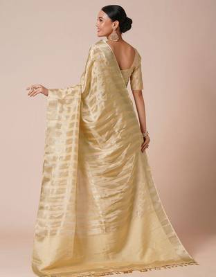 Cream striped zari silk blend banarasi saree 3