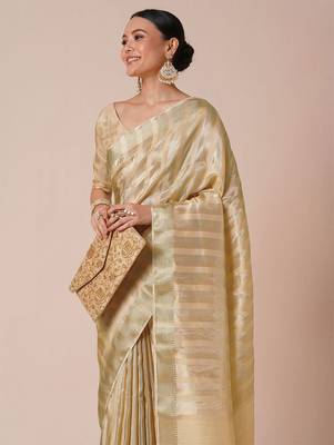 Cream striped zari silk blend banarasi saree 4