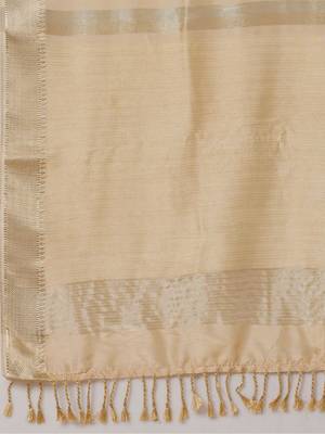 Cream striped zari silk blend banarasi saree 5