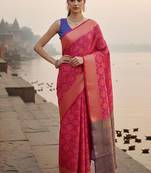 Pink woven design silk blend handloom banarasi saree
