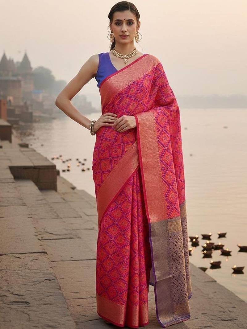 Pink woven design silk blend handloom banarasi saree