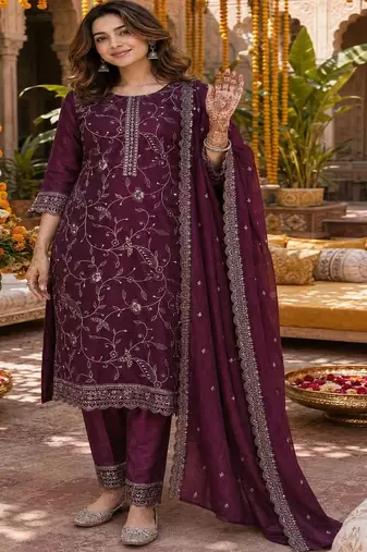 women embroidered regular thread work kurta set