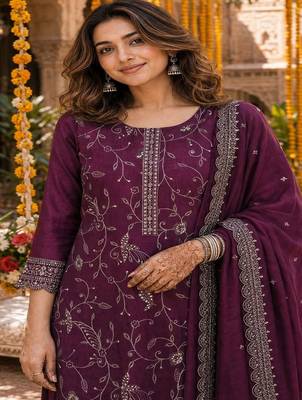 women embroidered regular thread work kurta set 2