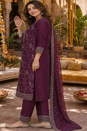 women embroidered regular thread work kurta set