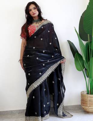 Black floral embroidered organza designer saree 1