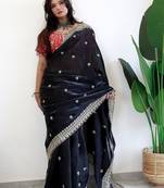 Black floral embroidered organza designer saree