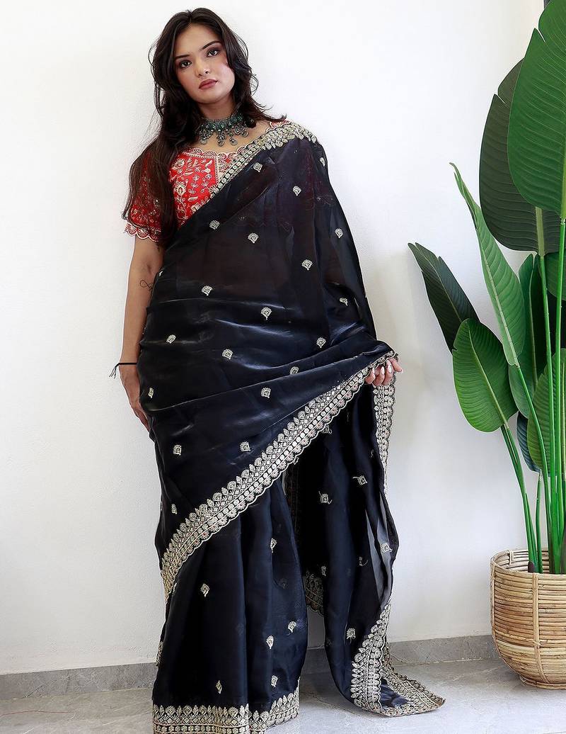 Black floral embroidered organza designer saree